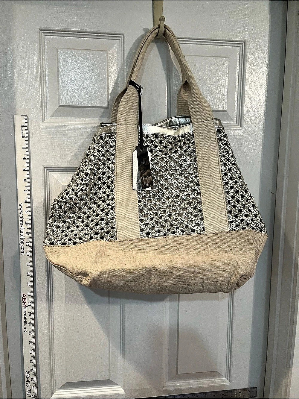 Latico Woven Leather Tote in Silver & Beige NWT